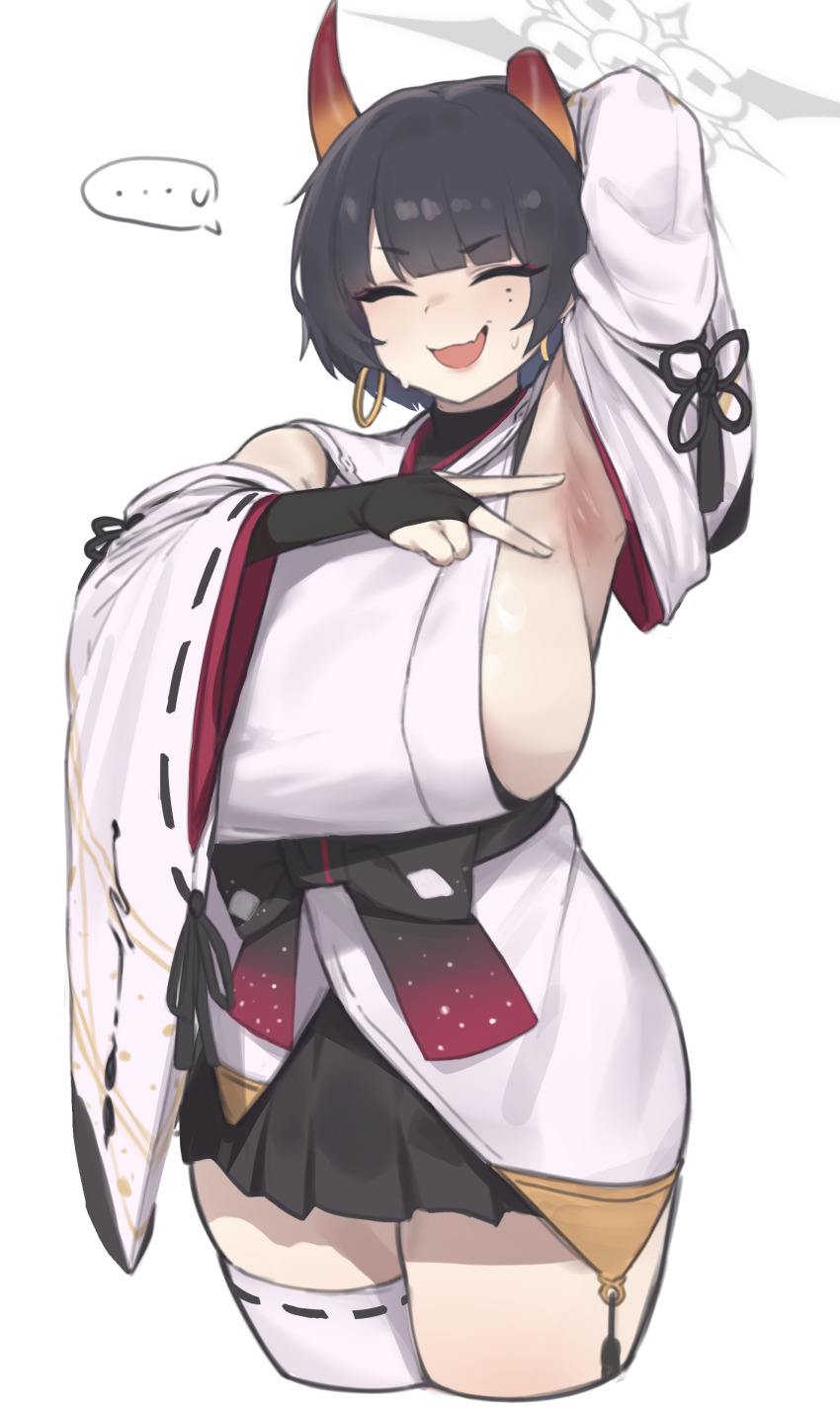 1girl :d ^_^ absurdres armpits black_hair black_skirt blue_archive breasts bridal_gauntlets closed_eyes commentary detached_sleeves earrings grey_halo halo highres hoop_earrings horns huge_breasts japanese_clothes jewelry kimono minishell mole mole_under_eye niya_(blue_archive) open_mouth orange_horns presenting_armpit short_hair simple_background single_thighhigh skirt smile solo thighhighs thighs white_background white_kimono white_sleeves white_thighhighs wide_sleeves