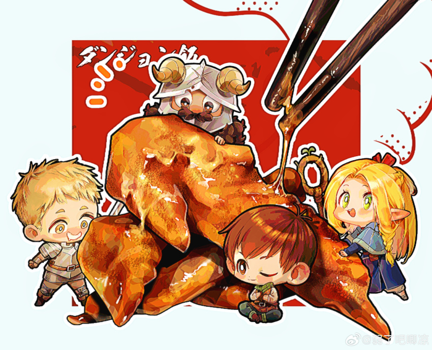 1girl 3boys :d absurdres ambrosia_(dungeon_meshi) armor beard belt_pouch blonde_hair blue_capelet blue_robe braid brown_eyes brown_hair capelet chibi chicken_wing chilchuck_tims chinese_commentary chopsticks drooling dungeon_meshi dwarf elf facial_hair fake_horns folded_hair food french_braid green_eyes hair_around_ear half_updo halfling happy helmet highres holding holding_staff hood hood_down hooded_capelet horned_helmet horns laios_touden leather_armor long_hair long_sleeves looking_at_food marcille_donato mini_person miniboy minigirl mouth_drool multiple_boys multiple_braids mustache one_eye_closed open_mouth outline outside_border oversized_food oversized_object pants parted_bangs plate_armor pointy_ears pouch red_background robe ruoliang sandals sauce senshi_(dungeon_meshi) side_braid sitting smile sprout staff standing white_outline white_pants yellow_eyes