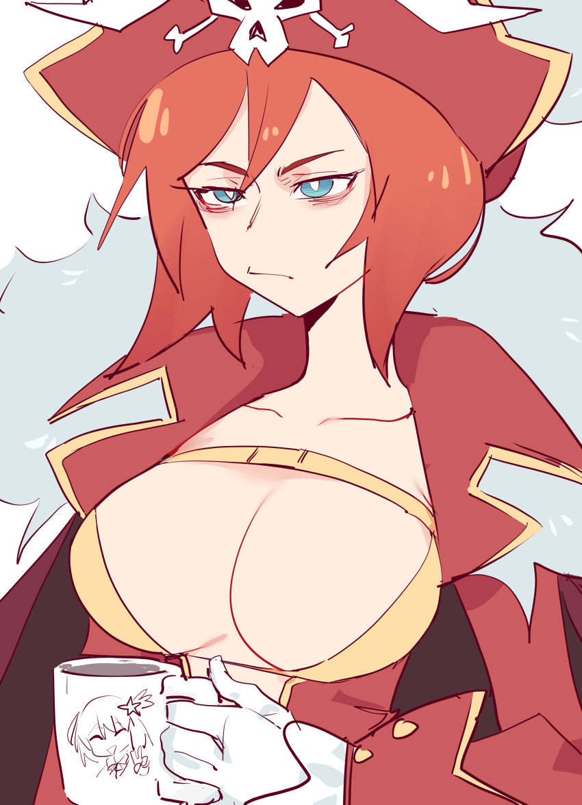 1girl absurdres artist_request blue_eyes breasts cup dress female_focus hat highres large_breasts mug orange_hair pirate pirate_hat red_dress solo solo_focus uchuu_patrol_luluco