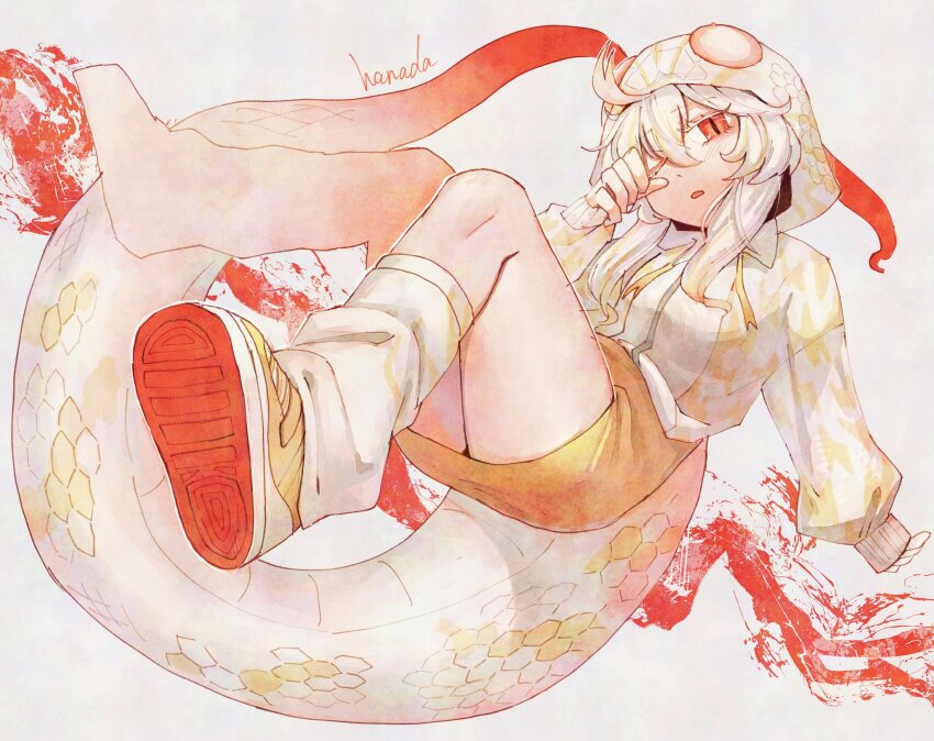 blonde_hair blush burmese_python_(kemono_friends)_(hanada_(cobalt003)) drawstring full_body gradient_hair hair_between_eyes hanada_(cobalt003) highres hood hood_up hoodie kemono_friends long_hair long_sleeves loose_socks multicolored_hair original pencil_skirt print_hoodie print_socks red_eyes rubbing_eyes shoes sidelocks skirt slit_pupils snake_girl snake_print snake_tail sneakers socks tail white_footwear white_hair white_hoodie white_socks yellow_skirt