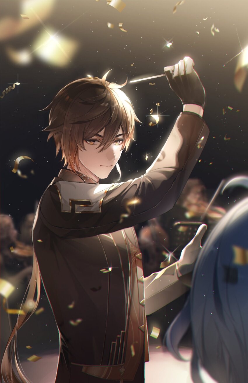 1boy 5others antenna_hair arm_up black_background black_gloves black_jacket black_shirt blonde_hair blue_hair brown_hair brown_pants brown_vest buttons closed_mouth confetti diamond_button earrings floor genshin_impact gloves gradient_background gradient_hair hair_between_eyes hand_up highres holding holding_instrument holding_violin hood instrument isobe47 jacket jewelry long_hair long_sleeves looking_at_viewer low_ponytail maestro male_focus multicolored_hair multiple_others music open_clothes open_jacket orange_eyes orange_hair pants playing_instrument ponytail shadow shirt short_hair single_earring sitting sparkle standing tassel tassel_earrings v-shaped_eyebrows vest violin zhongli_(genshin_impact)