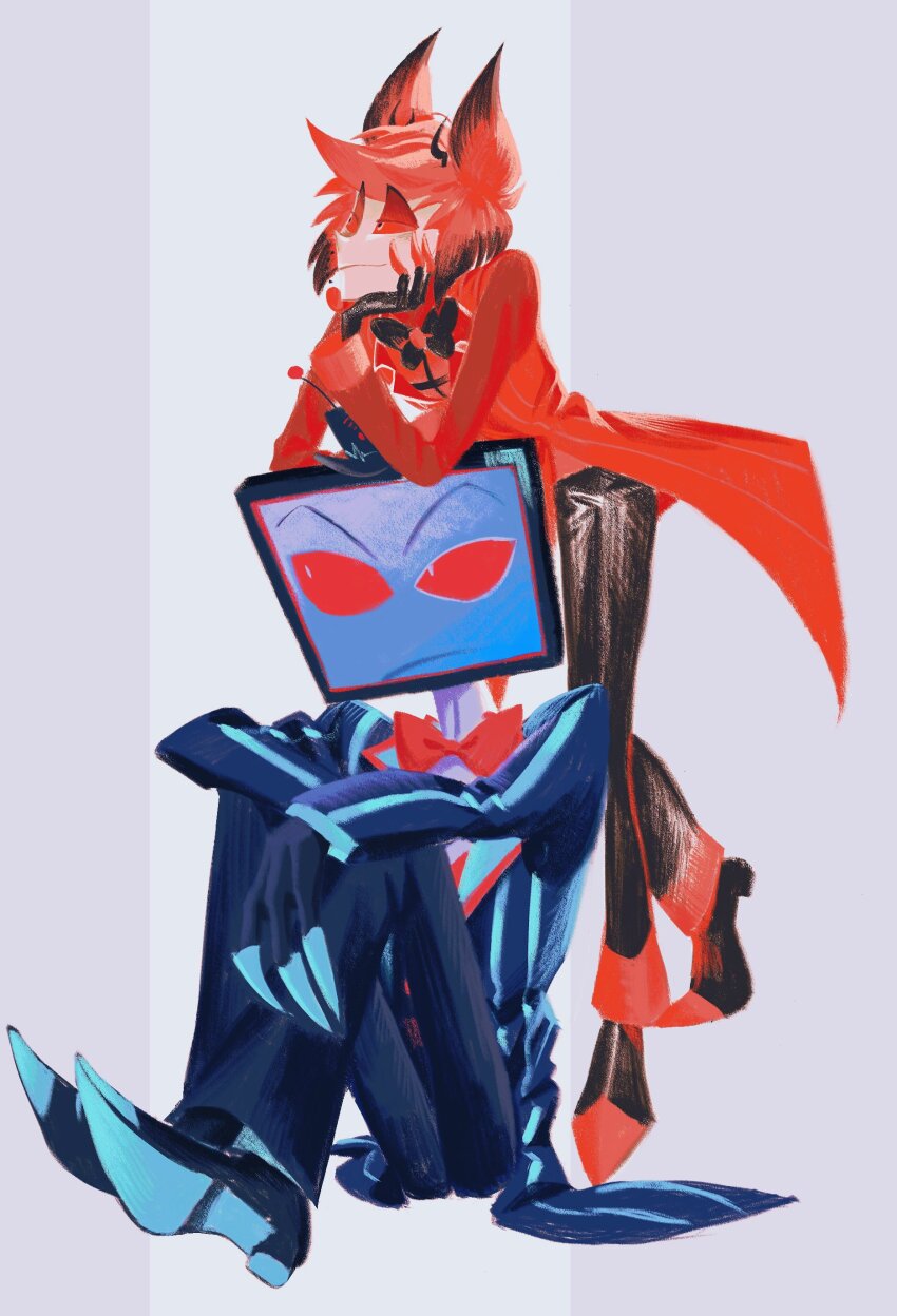 2boys absurdres alastor_(hazbin_hotel) arm_rest black_hair colored_sclera commentary_request drea5lity3m formal_clothes hand_on_own_face hazbin_hotel highres leaning_on_person male_focus multicolored_hair multiple_boys on_ground red_eyes red_hair red_sclera simple_background suit vox_(hazbin_hotel)