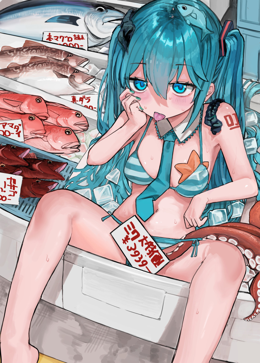 1girl absurdres aqua_bikini aqua_eyes aqua_hair aqua_nails aqua_necktie arm_tattoo bikini blush breasts commentary_request detached_collar fish fish_hair_ornament hair_between_eyes hair_ornament hand_on_own_cheek hand_on_own_face hatsune_miku highres horizontal-striped_clothes ice ice_cube long_hair looking_at_viewer medium_breasts microa nail_polish navel necktie number_tattoo octopus price_tag sitting solo starfish striped_bikini striped_clothes sweat swimsuit tattoo tentacles tongue tongue_out twintails very_long_hair vocaloid