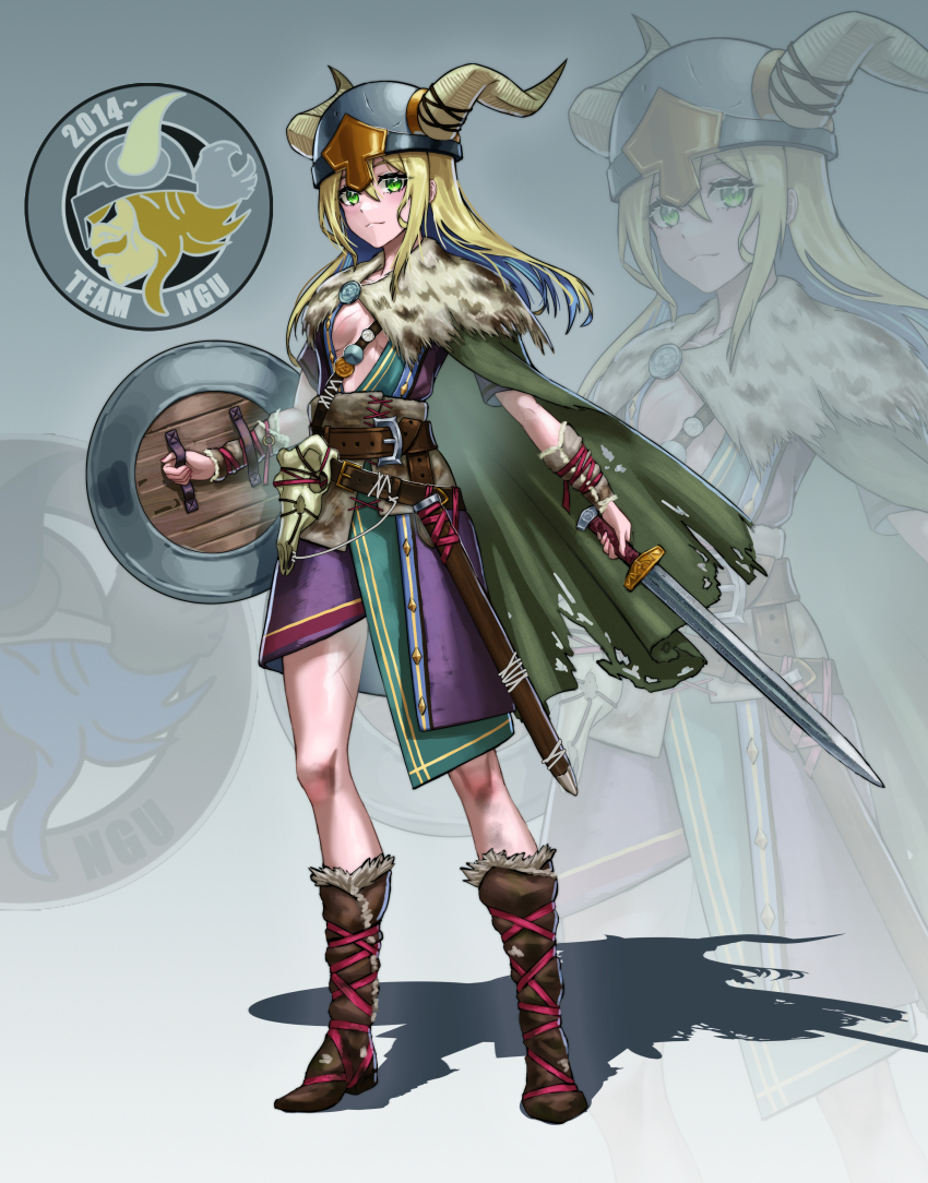 1girl absurdres ankle_boots belt blonde_hair boots breasts center_opening cleavage cloak full_body green_eyes helmet highres horns huihuang_rongyao large_breasts long_hair looking_at_viewer original sheath shield skirt sword tachi-e viking warrior weapon