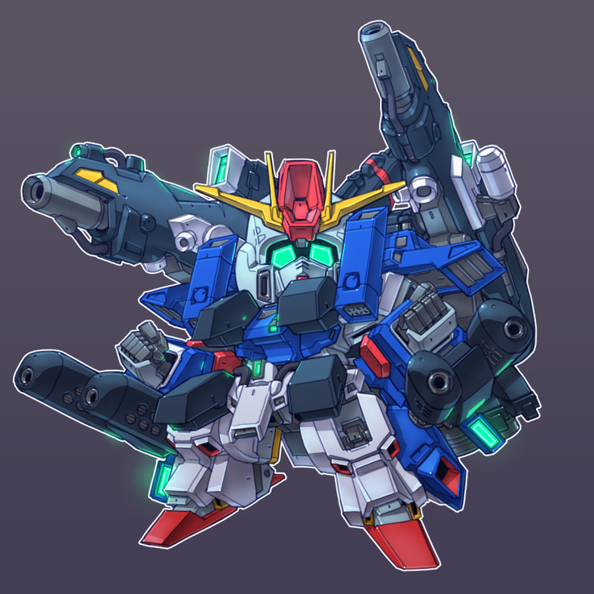 armor beam_rifle blue_eyes chibi double_beam_cannon energy_gun fazz_(gundam) full_armor full_armor_zz_gundam glowing glowing_eye grey_background gun gundam gundam_sentinel gundam_zz highres mecha mecha_focus mobile_suit no_humans redesign robot sd_gundam shoulder_cannon susagane v-fin weapon zz_gundam