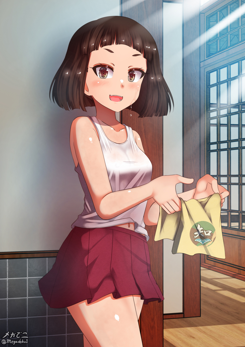 1girl black_hair blush breasts brown_eyes chi-hatan_(emblem) collarbone emblem girls_und_panzer highres indoors looking_at_viewer megadeko miniskirt navel nishihara_yasoko open_mouth red_skirt short_hair skirt small_breasts smile solo tank_top white_tank_top