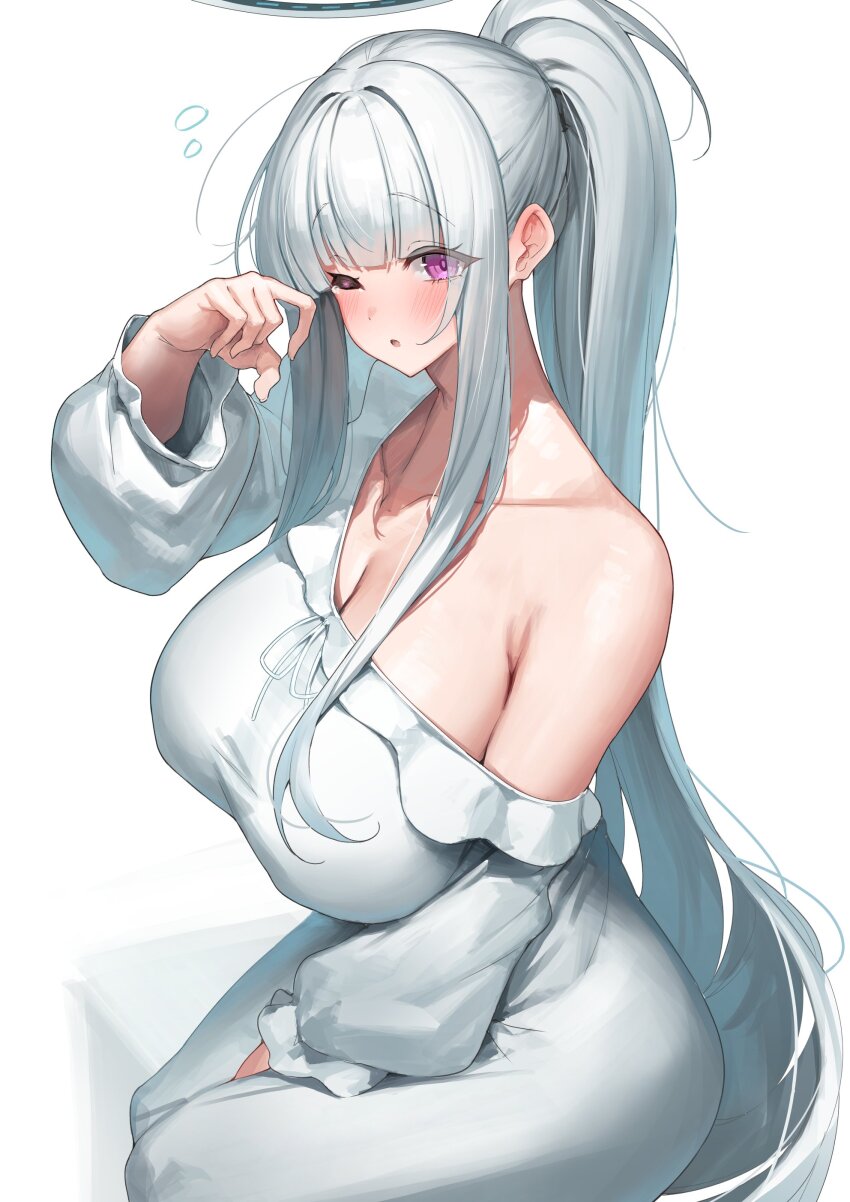 1girl absurdres alternate_costume blue_archive blunt_bangs breasts cleavage collarbone commentary dress grey_hair halo highres huge_breasts long_hair noa_(blue_archive) noa_(pajamas)_(blue_archive) off_shoulder official_alternate_costume one_eye_closed pajamas ponytail purple_eyes simple_background sitting sleepy squeans very_long_hair white_background white_pajamas yamanokami_eaka
