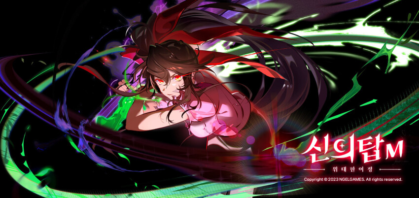 1girl black_background black_hair black_march_(weapon) black_skirt breasts daymera dual_wielding eye_trail floating floating_hair game_cg glowing glowing_eyes glowing_sword glowing_weapon green_april_(weapon) ha_yuri_zahard hair_ornament hair_ribbon highres holding holding_sword holding_weapon incoming_attack light_trail long_hair looking_at_viewer official_art parted_lips pink_shirt ponytail possessed red_eyes red_ribbon ribbon shadow shinsoo_(tower_of_god) shirt skirt solo sword torn_clothes torn_shirt tower_of_god tower_of_god:_great_journey weapon