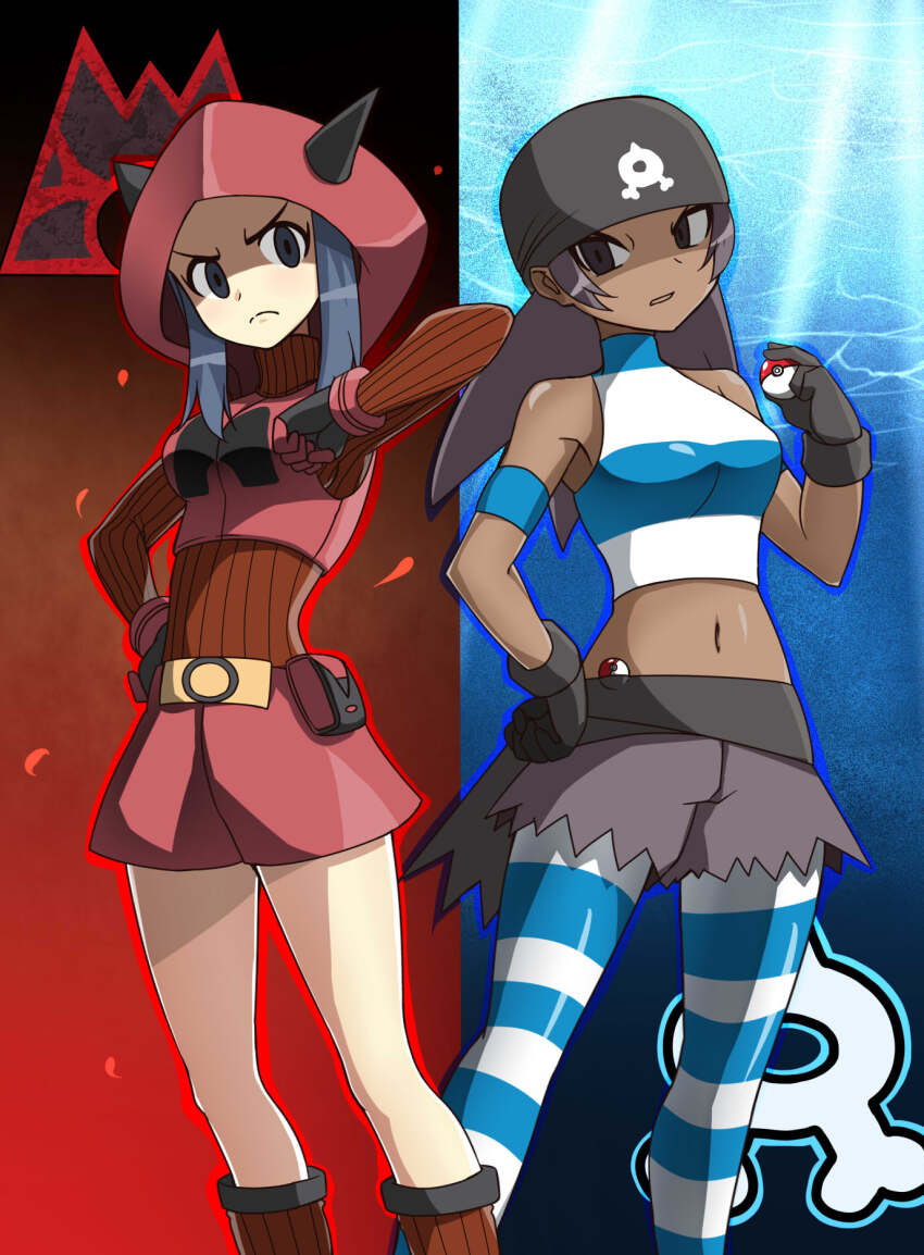 2girls bandana breasts closed_mouth commentary_request cropped_shirt fake_horns frown gloves hand_on_own_hip hand_up highres holding holding_poke_ball hood hood_up horns knees logo multiple_girls navel nintendo pantyhose poke_ball poke_ball_(basic) pokemon pokemon_oras shirt shorts sidelocks sleeveless sleeveless_shirt striped_clothes striped_pantyhose team_aqua team_aqua_grunt team_aqua_grunt_(female) team_aqua_uniform team_magma team_magma_grunt team_magma_uniform zetsuei_(zetto)