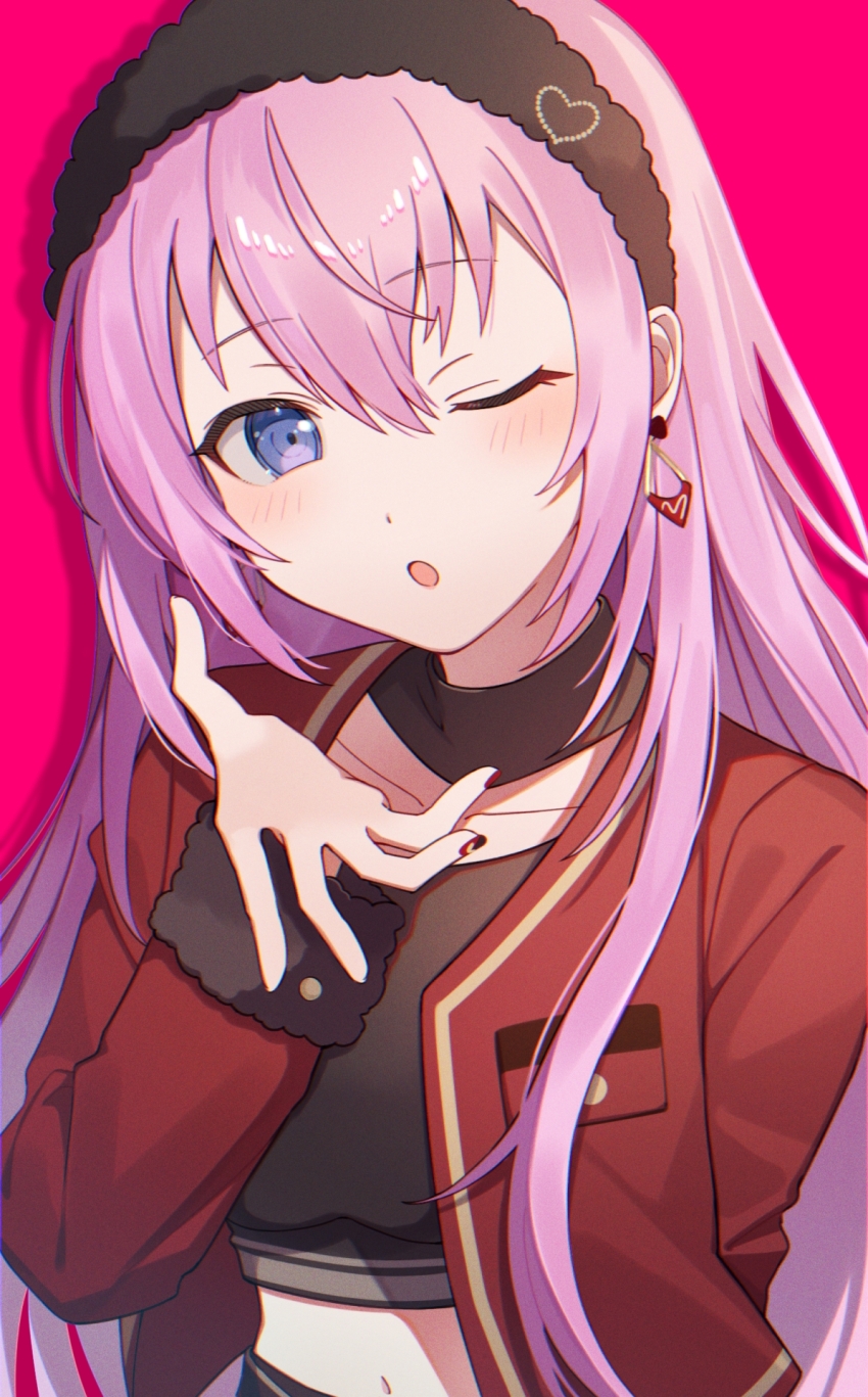 1girl :o arm_behind_back black_hairband black_shirt blue_eyes blush breast_pocket breasts clothing_cutout collarbone commentary commentary_request crop_top dot_nose double-parted_bangs drop_shadow earrings english_commentary fur_cuffs hair_between_eyes hairband hand_up heart heart_print highres jacket jewelry kikutouji long_bangs long_hair looking_at_viewer medium_breasts megurine_luka midriff mixed-language_commentary nail_polish navel official_alternate_costume one_eye_closed open_clothes open_jacket parted_lips pink_hair pocket print_hairband project_sekai red_background red_jacket shirt sidelocks simple_background solo spread_fingers standing straight_hair take_the_best_shot!_(project_sekai) upper_body very_long_hair vivid_bad_squad_luka vocaloid