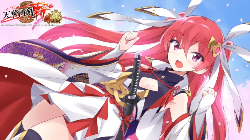 1girl anniversary bare_shoulders bridal_gauntlets cherry_blossoms cleavage_cutout clothing_cutout detached_sleeves dress falling_petals hair_ornament hands_up jouizumi_masamune katana long_hair obi obijime official_art open_mouth petals popped_collar red_eyes red_hair sash sheath sheathed skirt smile sword tenka_hyakken twintails usatsuka_eiji weapon white_dress white_skirt wide_sleeves