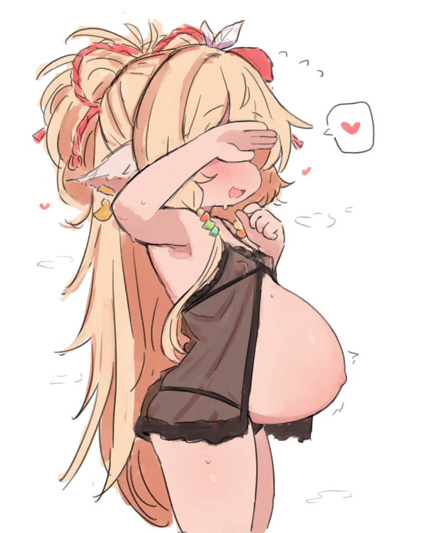 1girl armpits belly blonde_hair breasts covering_face covering_own_eyes granblue_fantasy harvin highres lactation lingerie loli long_hair mahira_(granblue_fantasy) nipples ponytail pregnant sa_ka_(sakanoya) see-through_clothes simple_background sketch small_breasts underwear white_background