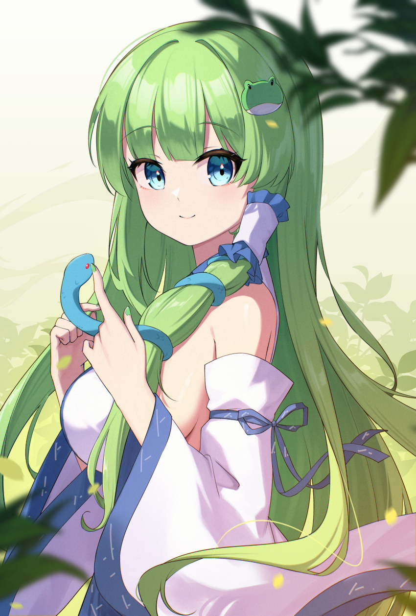 1girl absurdres blue_eyes blunt_bangs blurry blush breasts closed_mouth commentary_request depth_of_field detached_sleeves fingernails frog_hair_ornament green_background green_hair green_nails hair_intakes hair_ornament hair_tubes highres kochiya_sanae large_breasts leaf long_hair looking_at_viewer looking_to_the_side oeyama shirt sideboob single_hair_tube sleeveless sleeveless_shirt smile snake_hair_ornament solo touhou upper_body white_shirt white_sleeves
