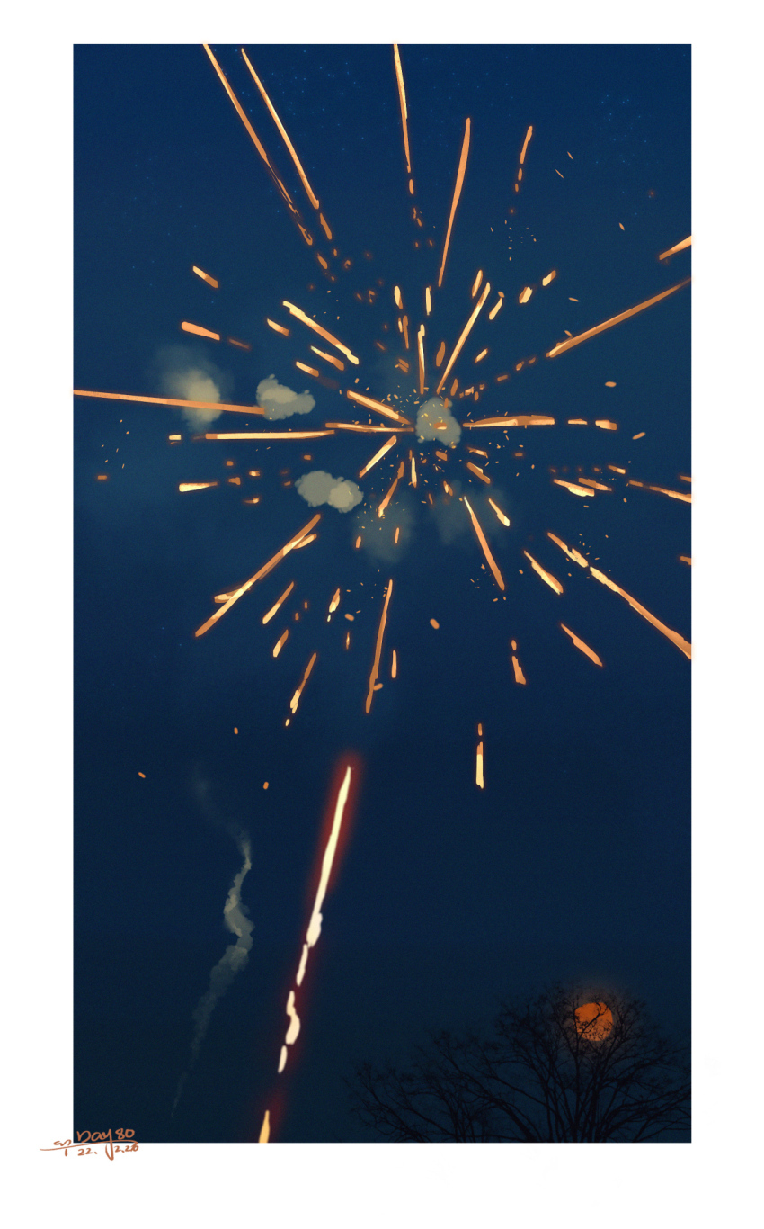 bare_tree blue_sky border chinese_commentary commentary_request dated dusk fireworks highres no_humans object_focus one-hour_drawing_challenge original outdoors sanshui_guantang signature sky smoke sun tree white_border