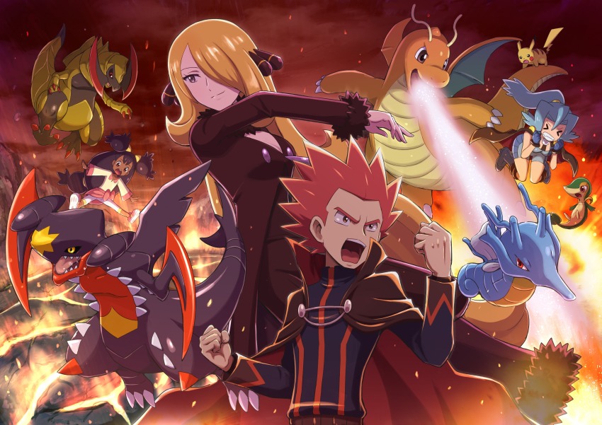 1boy 3girls absurdres beam black_hair blonde_hair blue_hair breasts breath_weapon cape clair_(pokemon) cleavage cynthia_(pokemon) dragon dragonite full_body garchomp gen_1_pokemon gen_2_pokemon gen_4_pokemon gen_5_pokemon gym_leader hair_over_one_eye haxorus highres iris_(pokemon) kingdra lance_(pokemon) long_hair mega_garchomp mega_pokemon multiple_girls nintendo pikachu pokemoa pokemon pokemon_(creature) pokemon_bw pokemon_dppt pokemon_hgss pokemon_masters_ex ponytail red_hair sharp_teeth snivy spiked_hair standing tagme teeth twintails upper_teeth_only