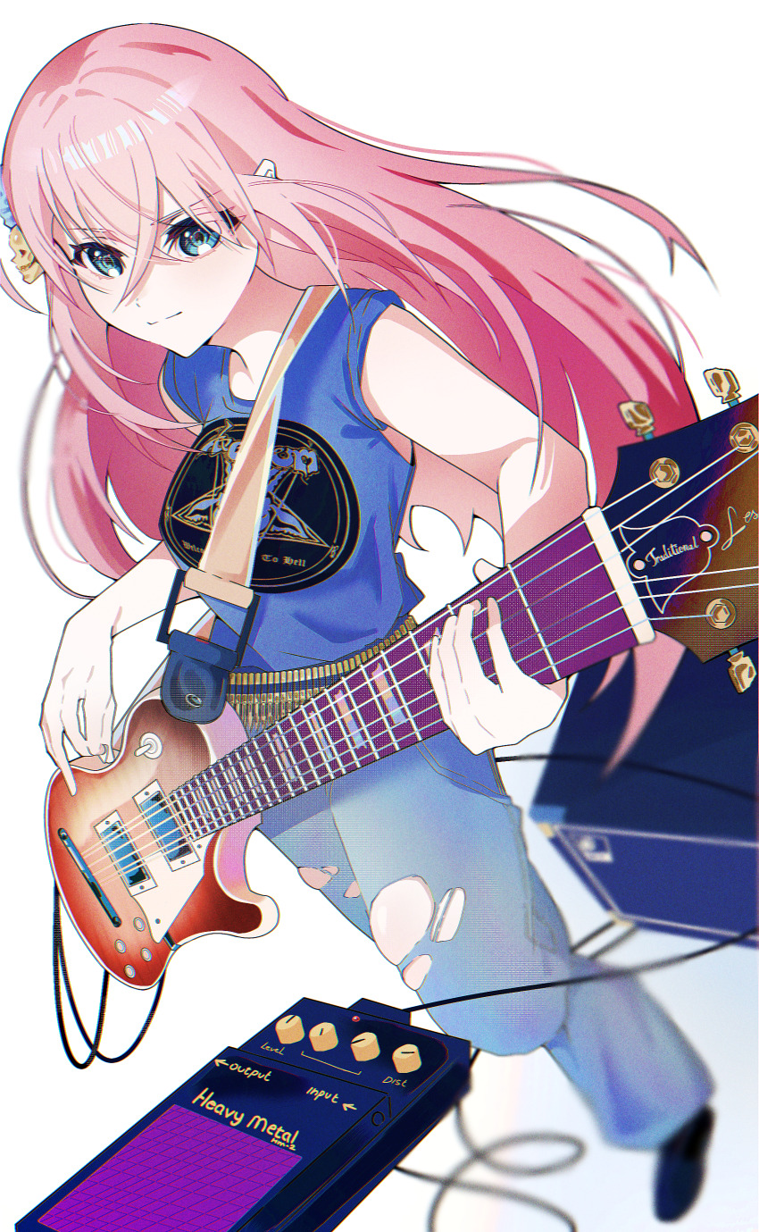 1girl absurdres amplifier blue_eyes blue_shirt bocchi_the_rock! cube_hair_ornament denim effects_pedal floating_hair gotoh_hitori hair_ornament heavy_metal highres irreligiositat jeans looking_at_viewer pants pink_hair playing_guitar playing_instrument shirt sleeveless sleeveless_shirt torn_clothes torn_jeans torn_pants venom_(band) white_background