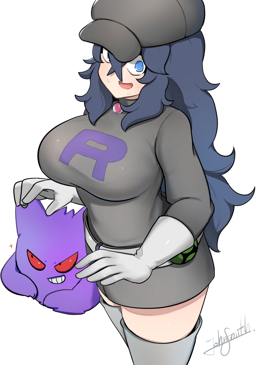 1girl @_@ alternate_breast_size blush breasts cosplay dress gen_1_pokemon gengar gloves hair_between_eyes hat hex_maniac_(pokemon) highres john_(a2556349) large_breasts long_hair looking_at_viewer messy_hair nintendo open_mouth pokemon pokemon_(creature) pokemon_xy purple_eyes purple_hair short_dress skirt smile team_rocket team_rocket_grunt_(cosplay) team_rocket_uniform thighhighs