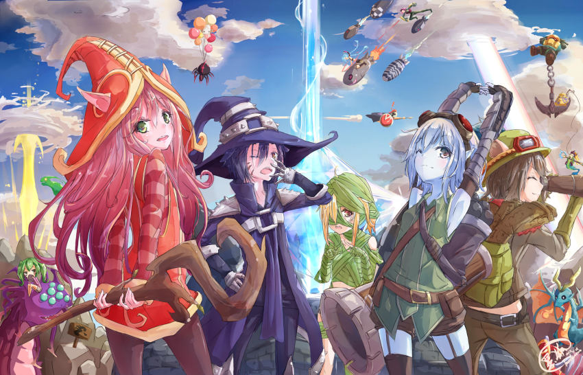 2boys 6+girls amumu anchor bad_id bad_pixiv_id balloon bandages baron_nashor belt black_legwear blue_eyes blue_hair blue_skin blush bug cannon cloud colored_skin day dragon elise_(league_of_legends) explosion garter_straps gender_request genderswap green_eyes hat helmet highres jax_(league_of_legends) jinx_(league_of_legends) kurokitsune_(float0108) laser league_of_legends long_hair lulu_(league_of_legends) multiple_boys multiple_girls nami_(league_of_legends) nautilus_(league_of_legends) one_eye_closed pantheon_(league_of_legends) pants pantyhose pink_hair pointy_ears polearm poppy_(league_of_legends) poro_(league_of_legends) purple_hair rocket short_hair shyvana sign spear spider staff stretching teemo thighhighs tristana_(league_of_legends) veigar vi_(league_of_legends) weapon yawning yellow_eyes zac_(league_of_legends)