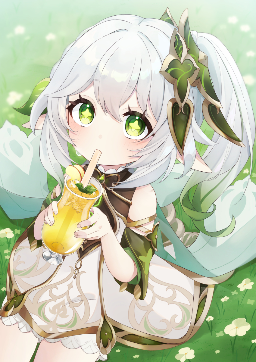 1girl absurdres bare_shoulders bloomers blush commentary_request cowboy_shot cup day detached_sleeves dress drinking_glass drinking_straw flower genshin_impact gold_trim gradient_hair green_eyes green_hair hair_between_eyes hair_ornament highres holding holding_cup hurricane_glass ice ice_cube iroha_(mimi0618xx) leaf_hair_ornament long_hair looking_at_viewer mint multicolored_hair nahida_(genshin_impact) on_grass outdoors partial_commentary pointy_ears side_ponytail sitting sleeveless sleeveless_dress solo star-shaped_pupils star_(symbol) symbol-shaped_pupils underwear white_bloomers white_dress white_flower white_hair