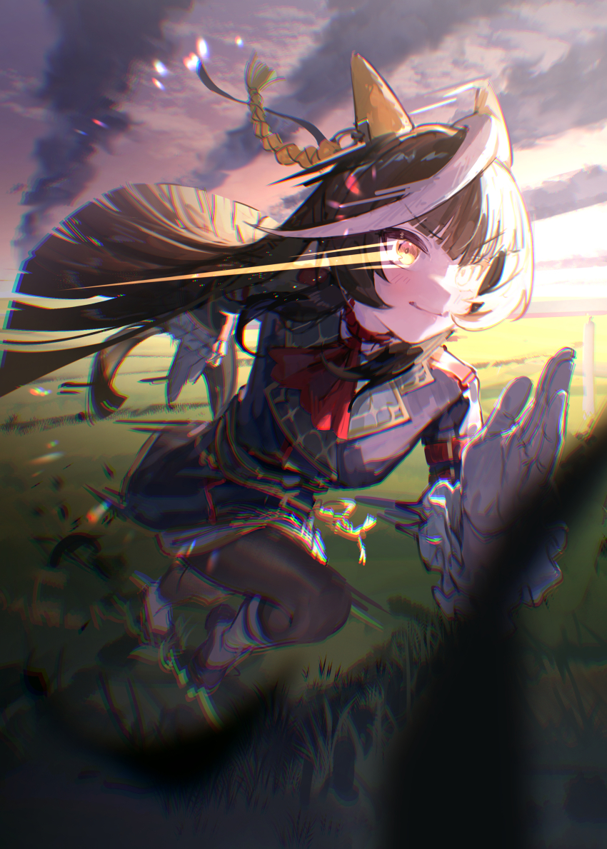 1girl absurdres ahoge animal_ears black_hair blurry blurry_foreground blush boots breasts calstone_light_o_(umamusume) closed_mouth cloud gloves grass hair_ornament highres hime_cut horse_tail long_hair pantyhose running serious sky small_breasts solo tail umamusume yellow_eyes yu_hydra