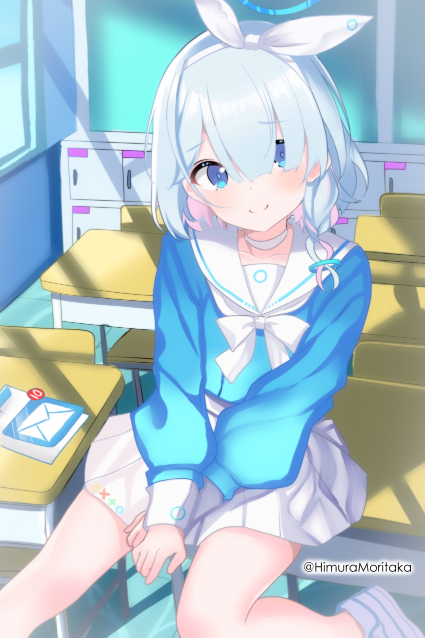 1girl absurdres arms_between_legs arona_(blue_archive) blue_archive blue_eyes blue_hair bow bow_hairband bowtie braid choker classroom desk hairband halo highres himura_moritaka icon_(computing) indoors light_rays looking_at_viewer multicolored_hair notification on_desk pink_hair pleated_skirt school_uniform serafuku short_hair side_braid sitting on_desk skirt smile solo sunlight