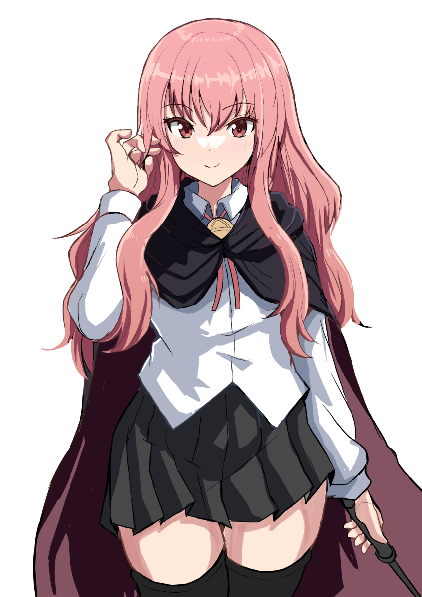 1girl adjusting_hair arm_at_side black_cape black_skirt black_thighhighs blush cape closed_mouth collared_shirt commentary cowboy_shot eyelashes hair_between_eyes hand_up happy highres holding holding_wand long_hair long_sleeves looking_at_viewer louise_francoise_le_blanc_de_la_valliere miniskirt neck_ribbon pink_hair pink_ribbon pleated_skirt red_eyes ribbon shirt sidelocks simple_background skirt smile solo split_mouth suberaku thigh_gap thighhighs tsurime wand white_background white_shirt zero_no_tsukaima zettai_ryouiki