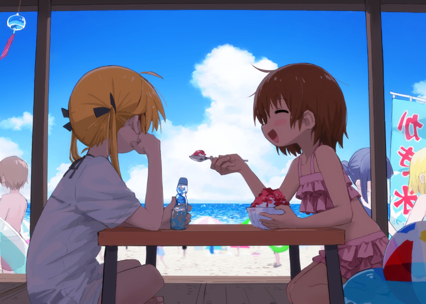 1boy 4girls ball beach beachball bikini bikini_under_clothes blonde_hair blue_sky bottle brown_hair closed_eyes cloud day feeding food frilled_bikini frills from_side highres holding holding_bottle innertube kill_me_baby kooribata multiple_girls open_mouth oribe_yasuna pink_bikini ramune shaved_ice shirt short_hair sitting sky sonya_(kill_me_baby) spoon standing swim_ring swimsuit table white_shirt wind_chime yachima_tana