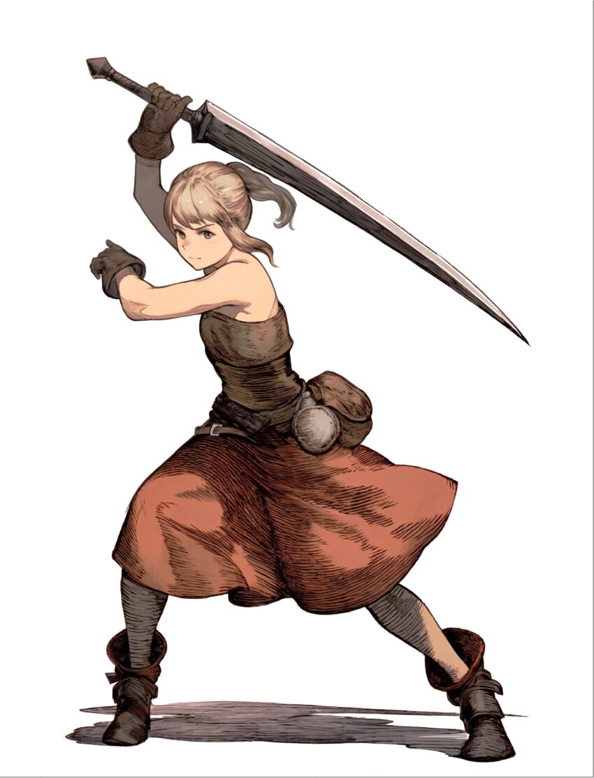 1girl belt belt_pouch brown_eyes brown_hair buckle canteen closed_mouth dojen fighting_stance full_body gloves grey_background highres holding holding_sword holding_weapon legs_apart original ponytail pouch red_skirt serious shadow shirt shoes simple_background skirt solo standing strapless strapless_shirt sword v-shaped_eyebrows weapon