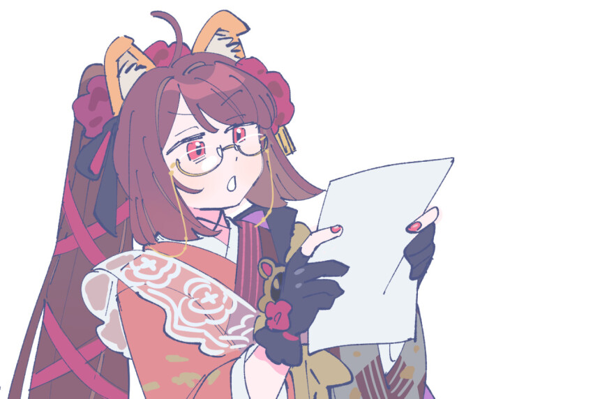 1girl animal_ears brown_hair checkered_clothes checkered_kimono dog_ears fate/grand_order fate_(series) glasses gloves grey_kimono high_ponytail holding holding_paper japanese_clothes kimono kyokutei_bakin_(fate) kyokutei_bakin_(second_ascension)_(fate) lace multicolored_kimono nail_polish oneroom-disco paper partially_fingerless_gloves ponytail reading red_eyes simple_background solo white_background
