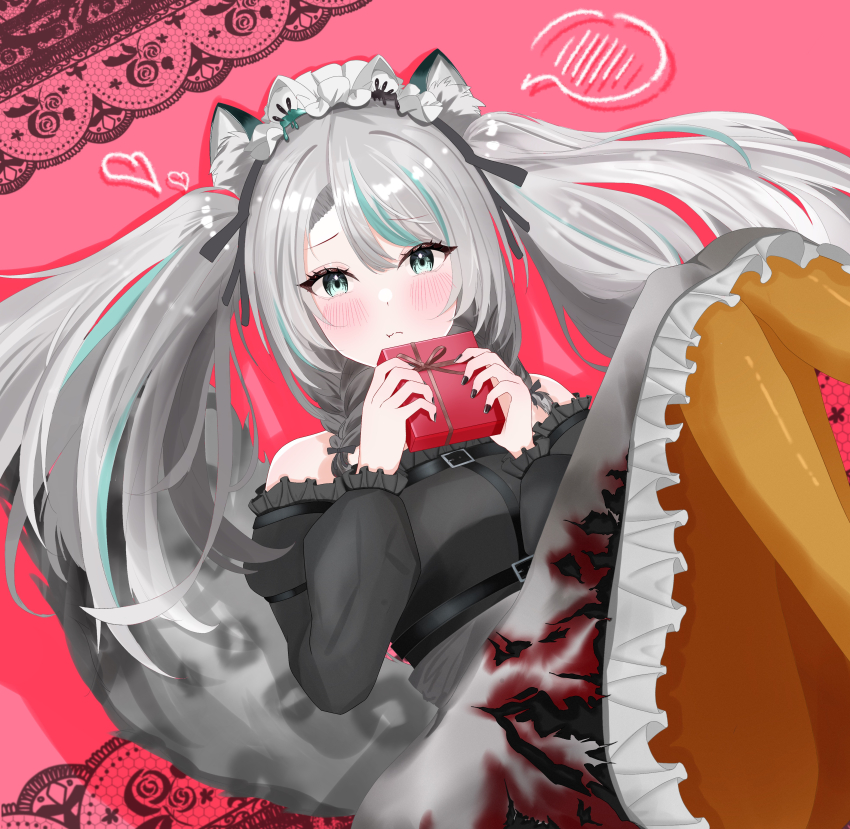 absurdres animal_ears bad_tag black_sky braided_sidelocks cake cheek_rest cross-laced_clothes cross-laced_sleeves food frilled_straps fuzzy_clothes grey_nails grey_tail highres hinamori_anthea holding holding_saucer indie leopard_ears leopard_tail maid nata_(tool) red_pupils saucer sky snow_leopard_tail strawberry_shortcake tadanoinu_zuki tail teapot virtual wallpaper_(object)