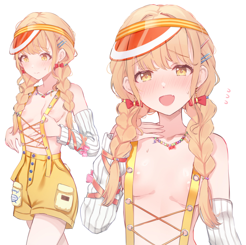 1girl :d areola_slip bead_necklace beads blonde_hair braid breasts commentary_request cross-laced_clothes earrings floating_earrings fujita_kotone gakuen_idolmaster hair_ornament hairclip highres idolmaster interstellar jewelry long_hair looking_at_viewer low_twin_braids multiple_views necklace open_mouth overall_shorts overalls shorts small_breasts smile twin_braids visor_cap white_arm_warmers white_background yellow_big_bang!_(idolmaster) yellow_eyes yellow_shorts