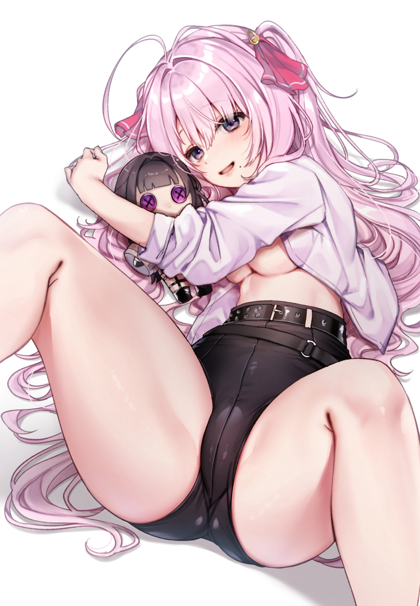 1girl ahoge bare_legs belt black_belt black_shorts breasts button_eyes buttons character_doll cleavage commentary crotch_seam doll feet_out_of_frame goddess_of_victory:_nikke hair_ribbon high-waist_shorts highres kanbesan160 long_hair lying m_legs medium_breasts mihara_(nikke) mole mole_under_mouth multiple_belts o-ring o-ring_belt on_back open_clothes open_shirt pink_hair purple_eyes red_ribbon ribbon shirt shorts simple_background solo spread_legs symbol-only_commentary thighs underboob white_background white_shirt yuni_(nikke)