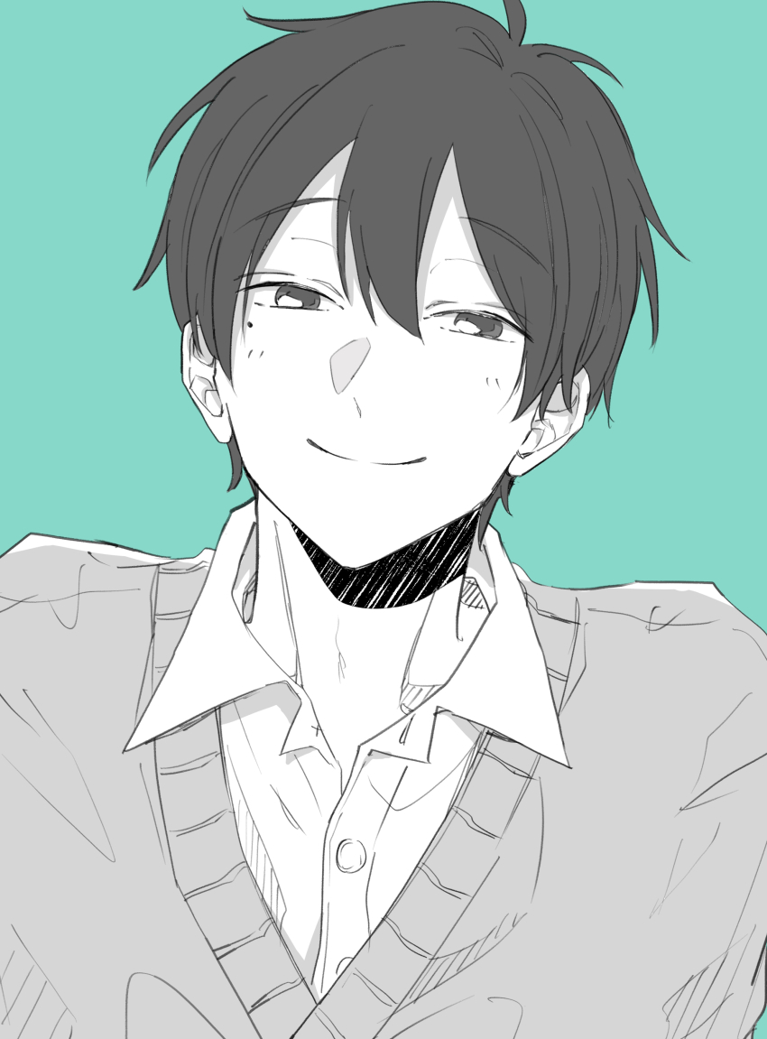1boy absurdres aqua_background buttons cardigan closed_mouth collared_shirt commentary double-parted_bangs greyscale_with_colored_background hair_between_eyes highres kagerou_project kokonose_haruka looking_at_viewer male_focus mole mole_under_eye portrait saito_shiorii school_uniform shirt short_hair simple_background sketch smile solo