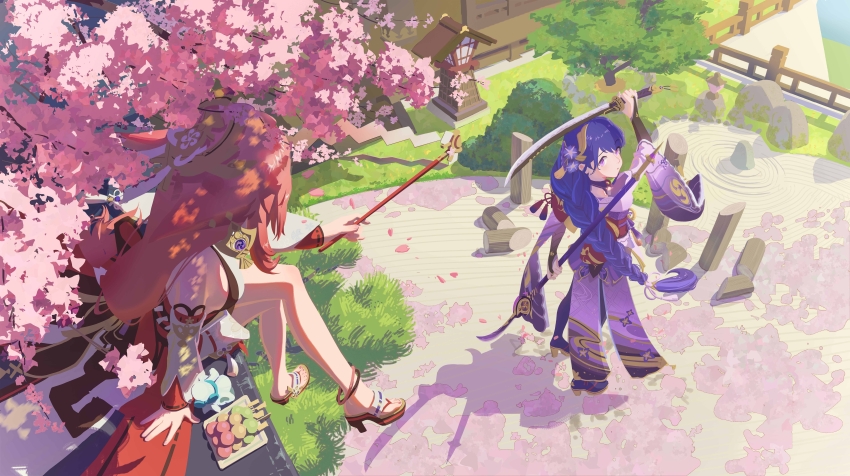 2girls absurdres animal_ear_piercing animal_ears back_bow bare_legs bare_shoulders bow braid branch bridal_gauntlets cherry_blossoms closed_mouth couple dango dappled_sunlight detached_sleeves engulfing_lightning_(genshin_impact) flower food fox_ears fox_girl friends from_above from_behind genshin_impact hair_flower hair_ornament hair_ribbon highres japanese_clothes kimono leaning_to_the_side long_braid long_hair long_sleeves looking_to_the_side looking_up low-tied_long_hair mitsudomoe_(shape) multiple_girls o0dyw0o outdoors pink_hair purple_eyes purple_flower purple_kimono purple_ribbon raiden_shogun red_sash ribbon sash shade shadow single_braid sitting standing sunlight thighhighs tomoe_(symbol) tree tree_shade wagashi wide_sleeves yae_miko yuri