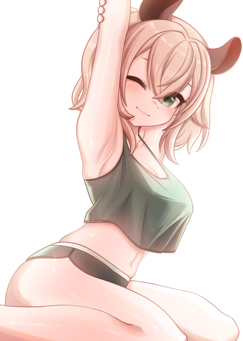 1girl ;) absurdres animal_ears arm_up backlighting black_panties black_tank_top breasts closed_mouth commentary crop_top english_commentary from_side green_eyes grey_hair hand_on_own_arm highres indie_virtual_youtuber leaning_forward medium_breasts navel nimi_nightmare one_eye_closed panties short_hair simple_background sitting smile solo stretching tank_top tsp underwear virtual_youtuber white_background yokozuwari