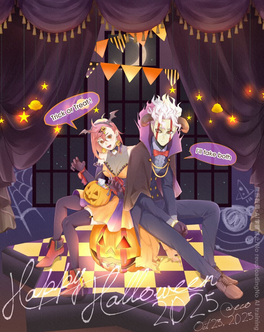 1boy 1girl 2025 absurdres ankle_boots ayase_momo bare_shoulders black_gloves black_hairband black_jacket black_pants black_thighhighs boots bow bowtie breasts brown_eyes brown_hair brown_shoes buttons capelet checkered_floor cleavage cloud commentary_request crossed_bangs curtains dandadan dated demon_horns dress earrings eco_0000 elbow_gloves facial_mark fake_head_wings food-themed_earrings food-themed_hair_ornament food_themed_earrings full_body garter_straps glasses gloves hair_between_eyes hair_ornament hairband hairclip halloween halloween_bucket halloween_costume happy_birthday high_heel_boots high_heels highres horns indoors jacket jewelry medium_breasts night night_sky open_mouth orange_dress pants pumpkin pumpkin_earrings pumpkin_hair_ornament red_boots red_bow red_bowtie red_eyes round_eyewear shoes short_hair sitting sky star_(sky) star_(symbol) starry_sky suit_jacket takakura_ken_(dandadan) takakura_ken_(transformed)_(dandadan) thighhighs transformation trick_or_treat twitter_username vampire_costume white_hair window