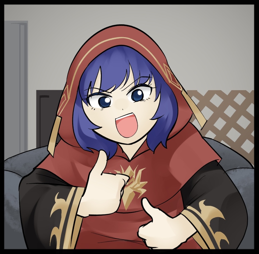 1girl blue_eyes blue_hair circle_cut couch duel_monster highres lo_the_prayers_of_the_voiceless_voice long_sleeves looking_at_viewer open_mouth red_robe robe sawan_cutman sitting smile solo thumbs_up yu-gi-oh!