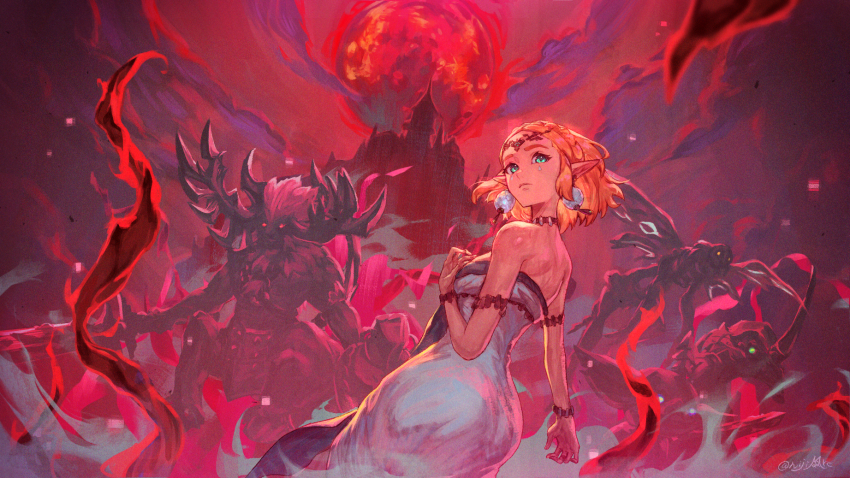 1girl aqua_eyes blonde_hair bokoblin castle dress earrings full_moon gibdo highres jewelry lizalfos looking_back lynel medium_hair moon nijimaarc nintendo pointy_ears princess_zelda red_moon red_sky sky strapless strapless_dress the_legend_of_zelda the_legend_of_zelda:_tears_of_the_kingdom white_dress wide_hips
