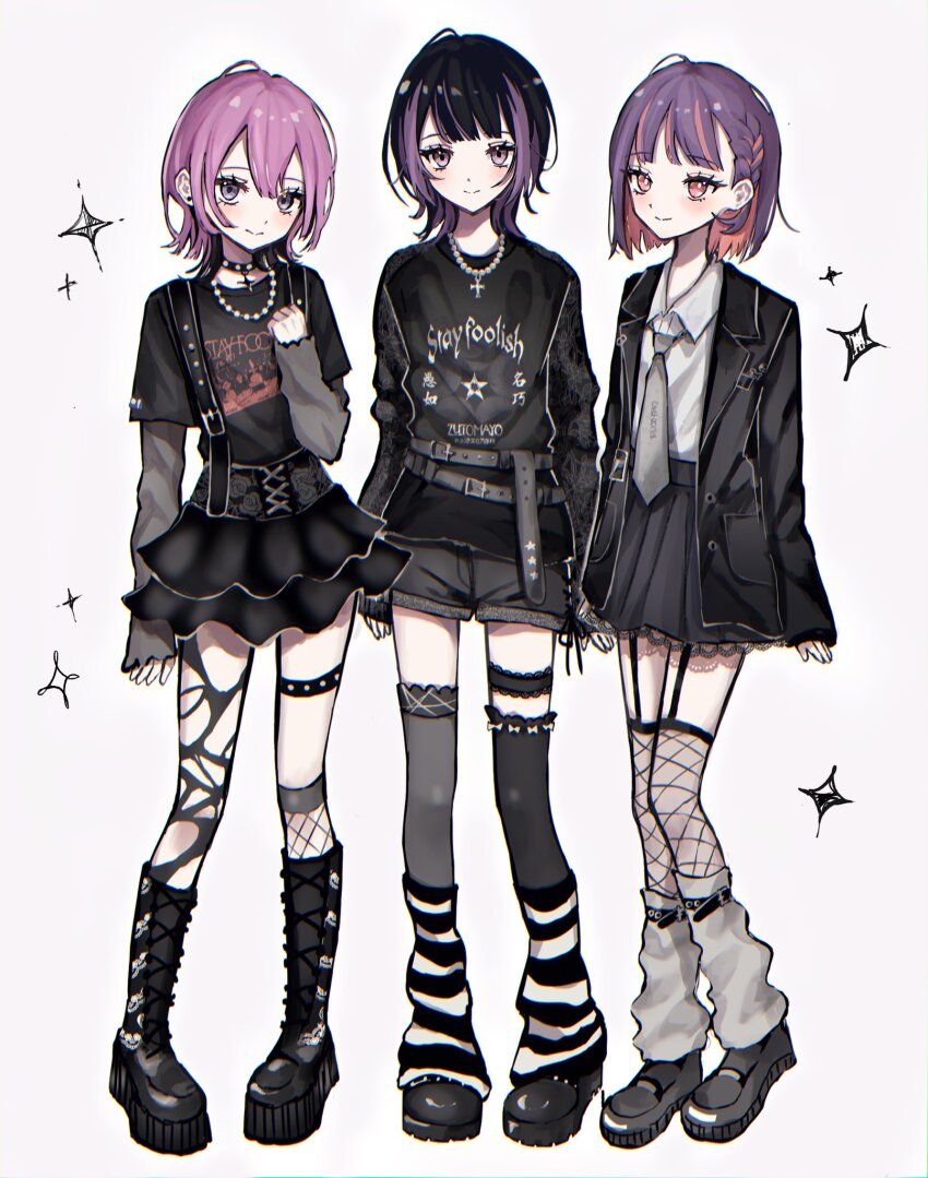 3girls alternate_costume alternate_footwear asymmetrical_legwear baka_janai_noni_(zutomayo) belt black_boots black_choker black_hair black_jacket black_shirt black_shoes black_shorts black_skirt black_thighhighs blunt_bangs boots choker clothes_writing collared_shirt colored_inner_hair cross cross_necklace fishnet_socks fishnet_thighhighs fishnets garter_straps grey_belt grey_necktie grey_shirt grey_socks grey_thighhighs highres jacket jewelry lace-trimmed_straps layered_sleeves long_sleeves loose_socks mirror_tune_(zutomayo) multicolored_hair multiple_girls necklace necktie nira-chan nira-chan_(baka_janai_noni)_(zutomayo) nira-chan_(mirror_tune)_(zutomayo) nira-chan_(zanki)_(zutomayo) open_clothes open_jacket orange_eyes orange_hair pink_hair purple_eyes purple_hair shirt shoes short_hair short_over_long_sleeves short_sleeves shorts skirt smile socks song_name spiked_choker spikes streaked_hair t-shirt thigh_strap thighhighs tu125 two-tone_hair two-tone_socks uneven_legwear white_shirt zanki_(zutomayo) zutto_mayonaka_de_ii_no_ni