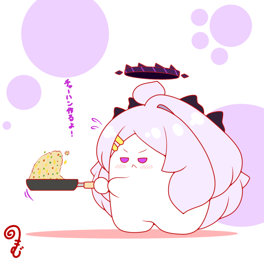 :&lt; ahoge blue_archive blush chibi closed_mouth colored_shadow flying_sweatdrops food fried_rice frying_pan grey_hair hair_ornament hairclip halo highres hina_(blue_archive) holding holding_frying_pan horns kurukurumagical long_hair parted_bangs purple_eyes shadow single_hair_intake solo standing translation_request v-shaped_eyebrows very_long_hair white_background
