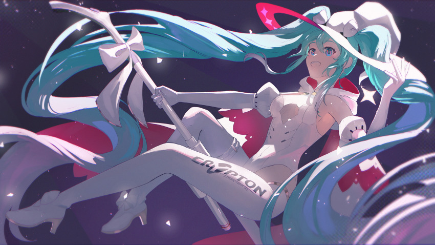 1girl absurdly_long_hair aqua_hair blue_eyes boots bow breasts breasts_apart broom broom_riding cleavage_cutout clothes_writing clothing_cutout commentary covered_navel elbow_gloves english_commentary footwear_bow gloves gradient_hair hair_between_eyes hair_bow hand_up hat hatsune_miku highleg highleg_leotard highres holding holding_broom hood hood_down leotard long_hair mechanical_broom multicolored_hair official_alternate_costume open_mouth racing_miku racing_miku_(2024) sidelocks smile solo sparkle_hat_ornament thigh_boots tiredghost two-sided_fabric two-sided_headwear two-sided_hood very_long_hair vocaloid white_boots white_bow white_gloves white_leotard witch_hat