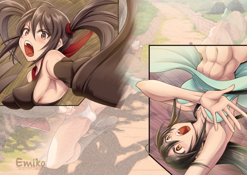 2girls :o abs bare_shoulders breasts brown_eyes brown_hair clothes_lift commentary_request detached_sleeves dress dress_lift eyelashes furisode_girl_(pokemon) furisode_girl_kali green_dress hair_between_eyes hand_up long_hair multiple_girls navel nekokami nintendo open_mouth perky_breasts pokemon pokemon_sm pokemon_xy sightseer_(pokemon) strap strapless strapless_dress teeth tongue twintails upper_teeth_only
