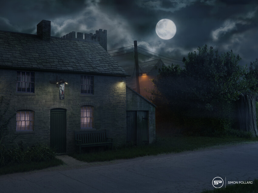 3d absurdres an_american_werewolf_in_london bench brick_wall bush chimney cloud door grass highres house lamppost moon no_humans outdoors power_lines road scenery sign simon_pollard street tree window wire wooden_door