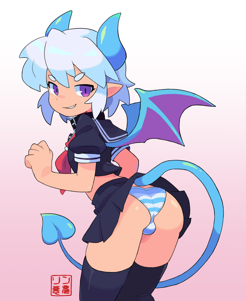 ass bulge collar crop_top crossdressing demon demon_boy demon_horns demon_tail demon_wings fang femboy horns japanese_clothes panties pointy_ears purple_eyes sailor_fuku school_uniform shota skirt striped_clothes striped_panties sulfur tail thighhigh trap underwear white_hair wings
