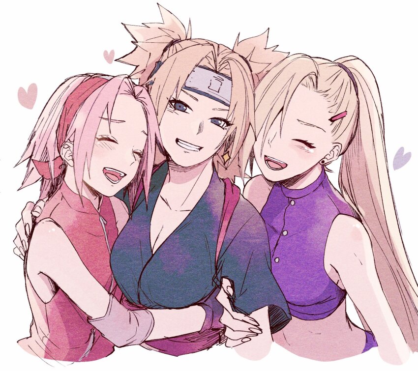 3girls bare_shoulders black_gloves black_shirt blonde_hair crop_top forehead_protector gloves hair_ornament hairclip haruno_sakura heart highres hug long_hair looking_at_viewer multiple_girls naruto_(series) naruto_shippuuden pink_hair ponytail red_shirt shirt short_hair sleeveless sleeveless_shirt smile sunagakure_symbol suzu_(tg_390) teeth temari_(naruto) upper_body very_long_hair white_background yamanaka_ino