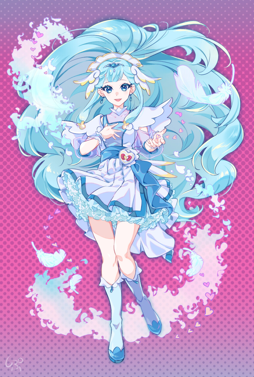 1girl :d blue_boots blue_eyes blue_gemstone blue_hair boots cure_ange dress earrings full_body gem highres hugtto!_precure jewelry knee_boots layered_dress long_hair looking_at_viewer open_mouth precure see-through_clothes see-through_sleeves shipu_(gassyumaron) short_dress smile solo very_long_hair white_dress yakushiji_saaya