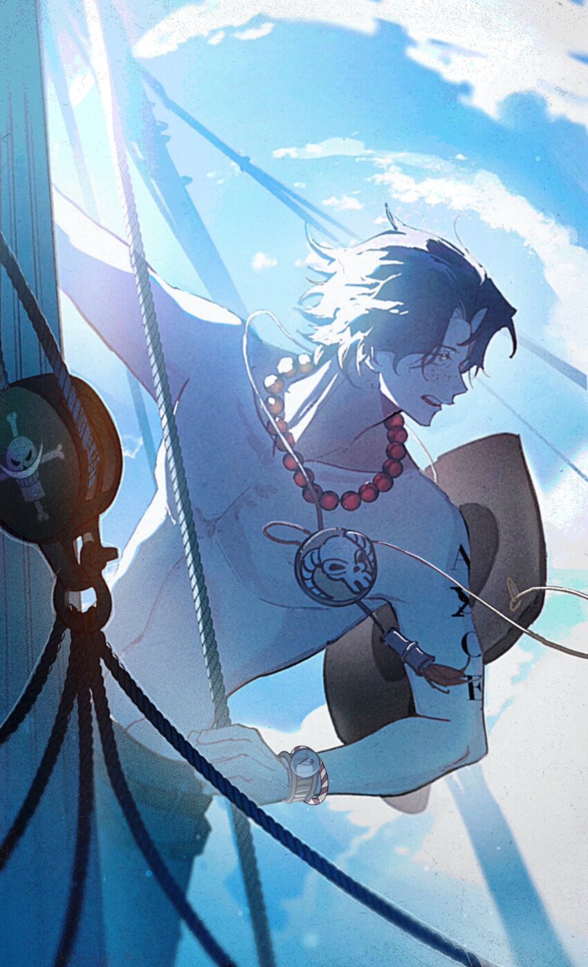 1boy arm_tattoo black_hair bracelet freckles hashtag-only_commentary hat highres jewelry jolly_roger log_pose looking_to_the_side male_focus necklace one_piece onecata11 open_mouth orange_hat pearl_necklace portgas_d._ace sky solo tattoo topless_male whitebeard_pirates_jolly_roger