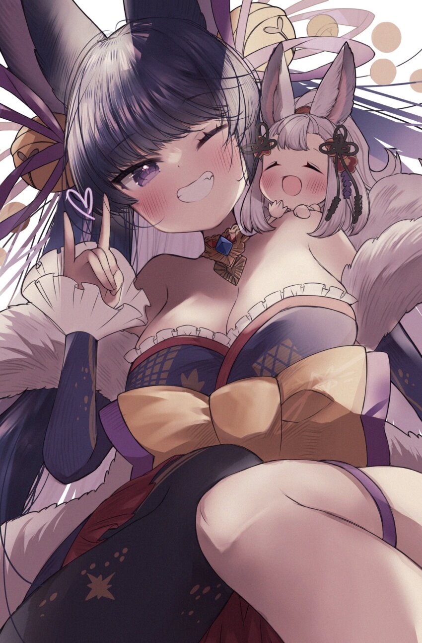 animal_ears bare_shoulders bell blush breasts detached_sleeves erune fang fox_ears fox_shadow_puppet granblue_fantasy hair_bell hair_ornament highres japanese_clothes k0bo43 long_hair looking_at_viewer one_eye_closed smile societte_(granblue_fantasy) yuel_(granblue_fantasy)