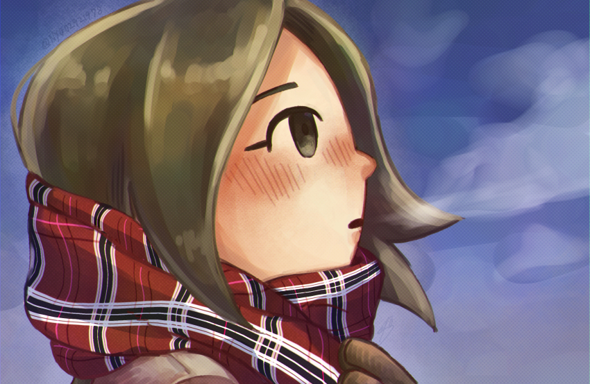 1girl blush breath brown_gloves brown_hair commentary gloves green_hair highres mii_(nintendo) mii_gunner mii_gunner_(smash_ultimate) nintendo nyo02921978 open_mouth plaid_clothes plaid_scarf portrait red_scarf scarf short_hair signature solo steam super_smash_bros. winter winter_clothes