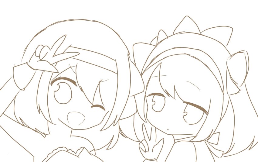 2girls alternate_costume alternate_hairstyle arm_up armpits hair_ribbon highres looking_at_viewer medium_hair monochrome multiple_girls nakoruru one_eye_closed open_mouth ribbon rimururu samurai_spirits siblings sisters sketch smile snk tongue twintails v wink